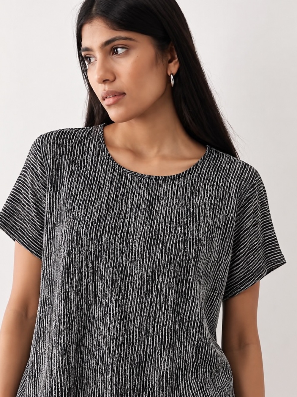 CHICO’S | Short Sleeve Crewneck Top - Black & Gray Stripe